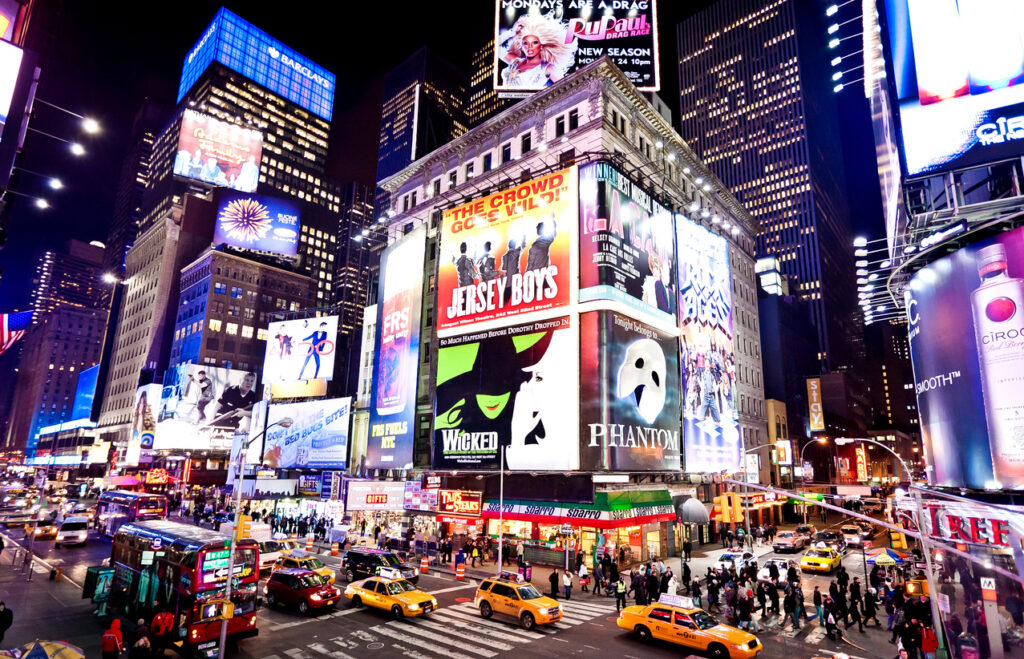 Times Square advertising Broadway shows on billboards and electronic signs