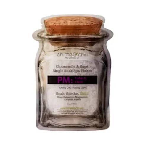 Chime and Chill Chamomile & Sage Single Soak Spa Flakes. PM. Soak Soothe. Chill. 