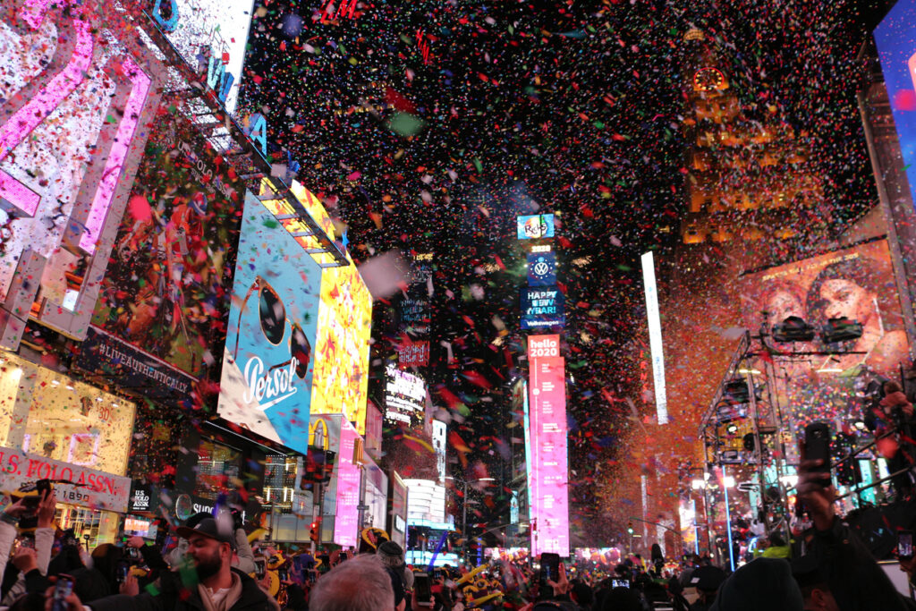 New York, United States – January 01, 2020: The people having fun during New Year's Eve at the Times Square in the New York City